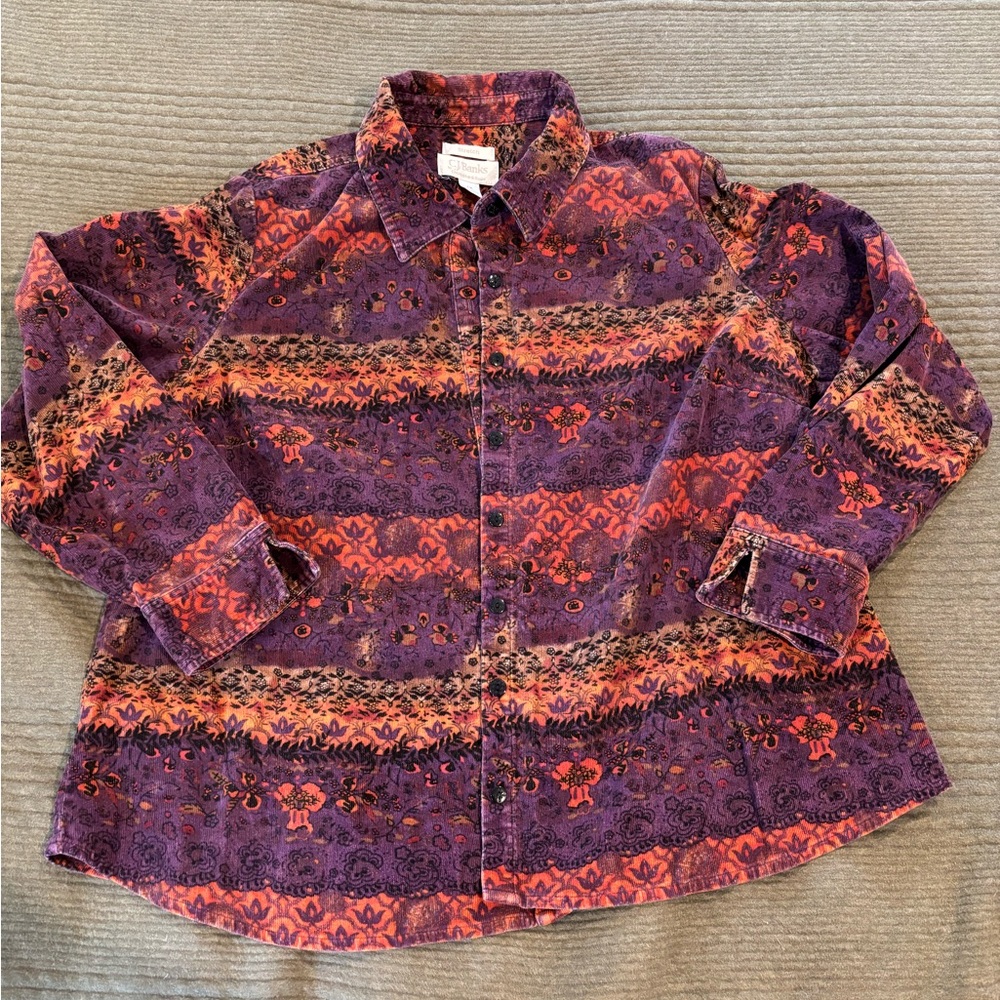 CJ Banks Purple and Orange Patterned Corduroy Button-Up Shirt -1X